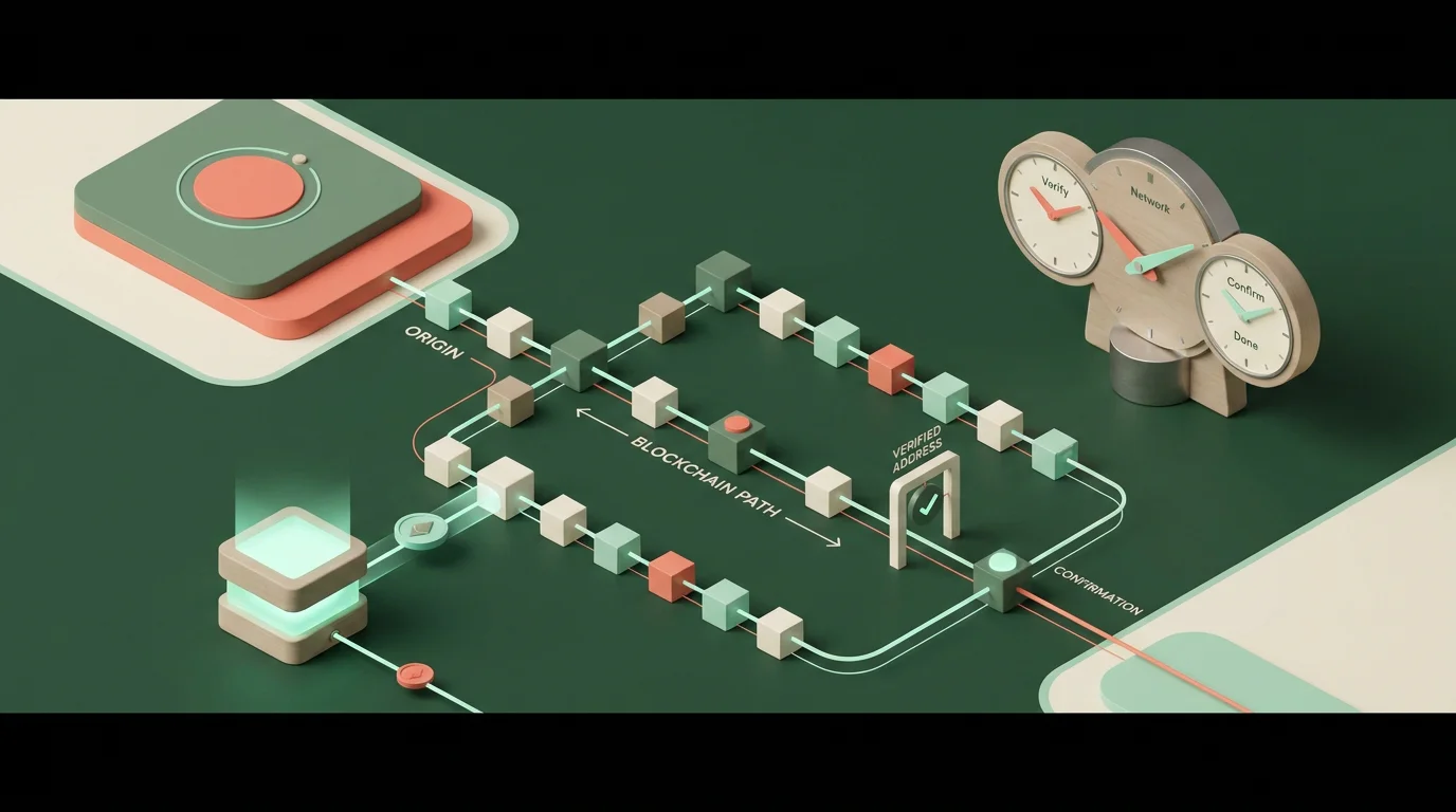 Ilustración editorial de un retiro cripto con controles de red y dirección