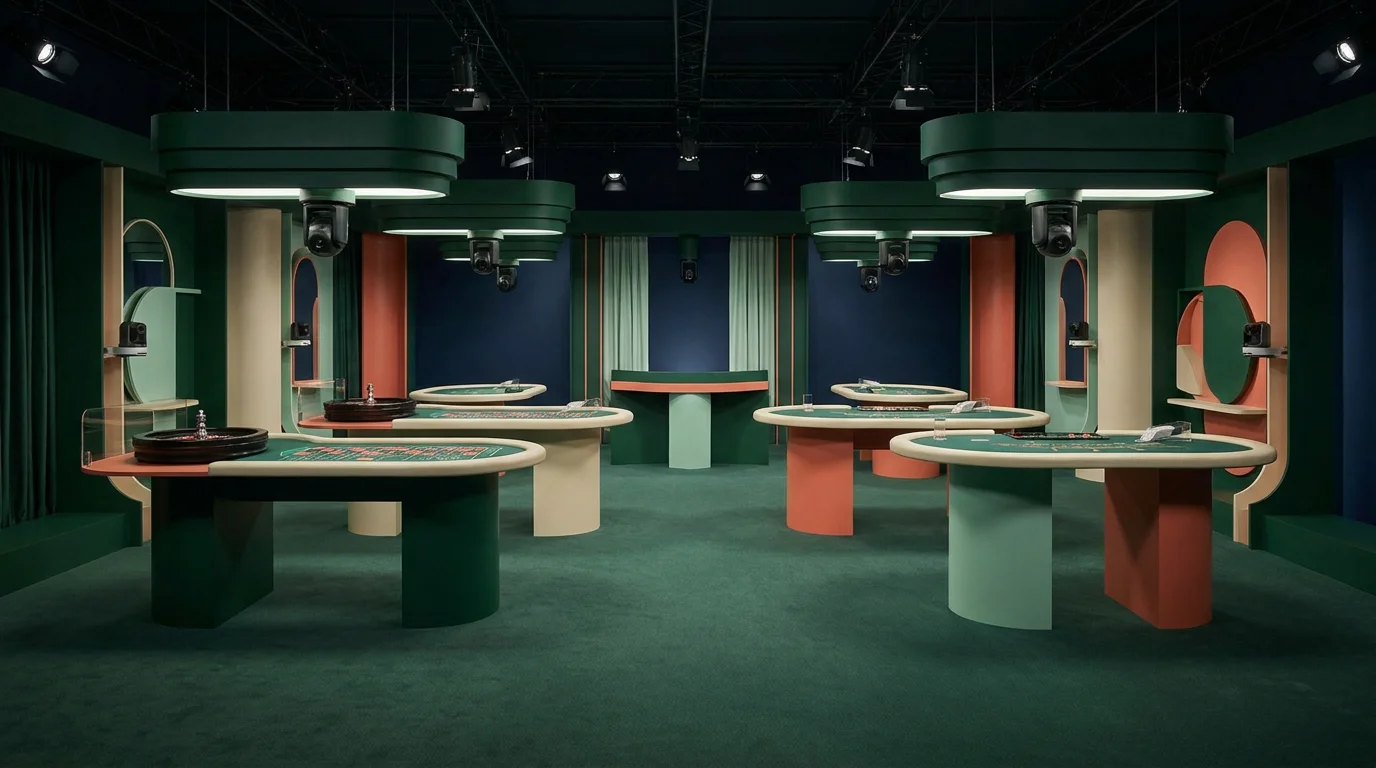 Estudio editorial de casino en vivo con mesas abstractas y cámaras