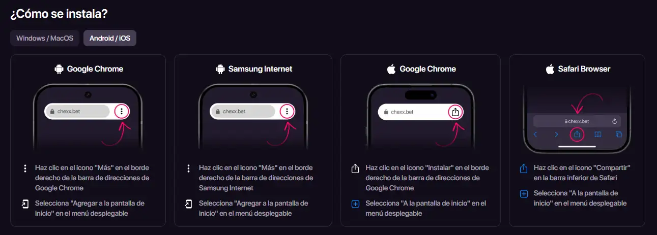 Captura oficial de las opciones web, PWA, escritorio y Telegram de CHEXX