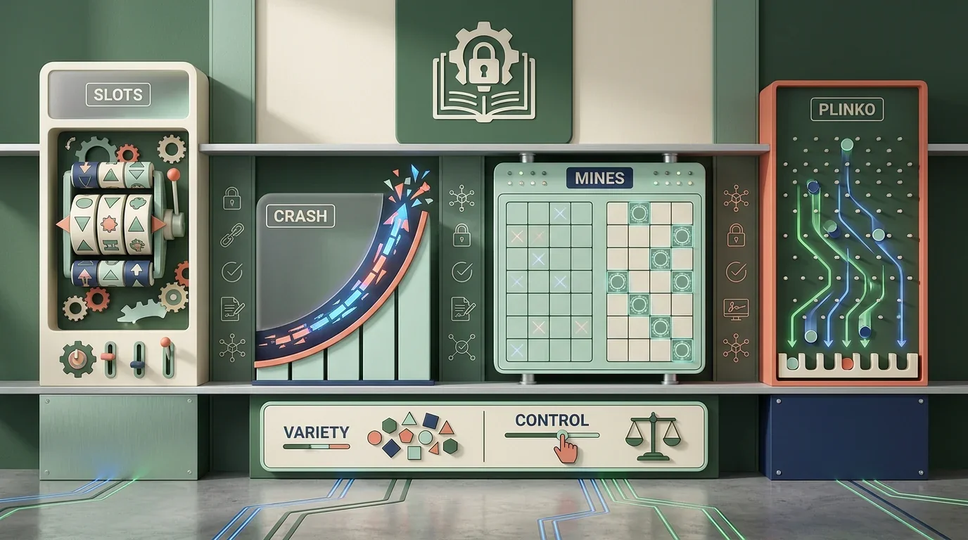 Ilustración editorial de tragamonedas, crash y categorías de juegos rápidos